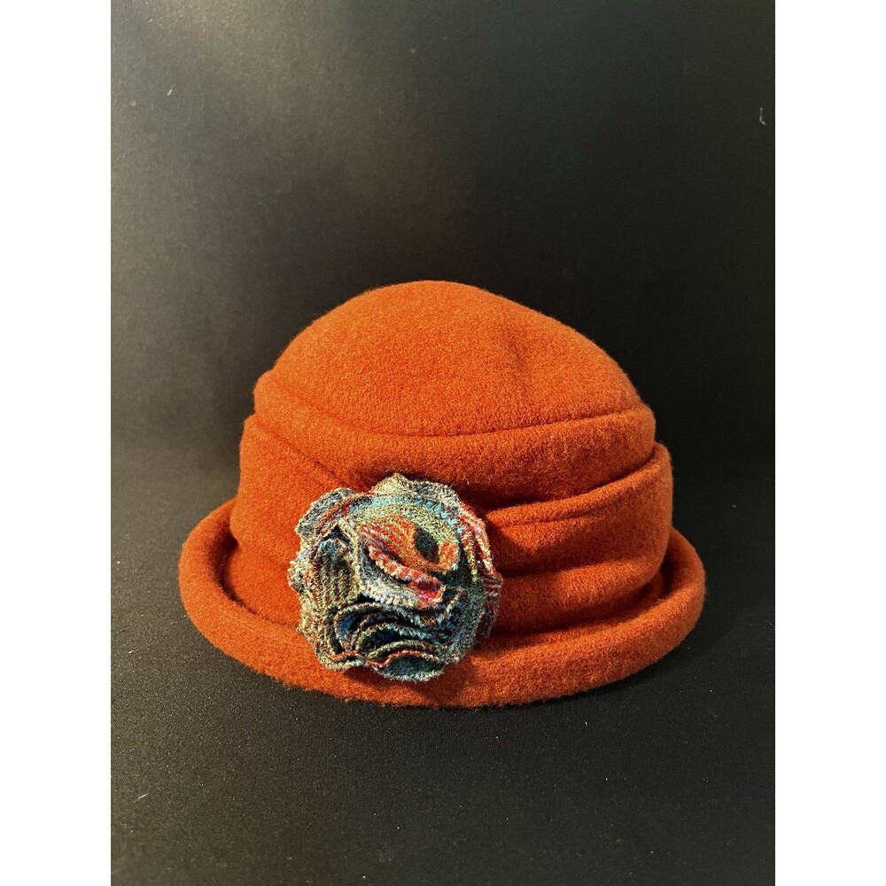 Vintage Scala Handmade Orange Wool Cloche Hat w/ Fabric Rosette Accent